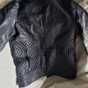 Men's Quilted Leather Bomber Jacket - Dark Blue